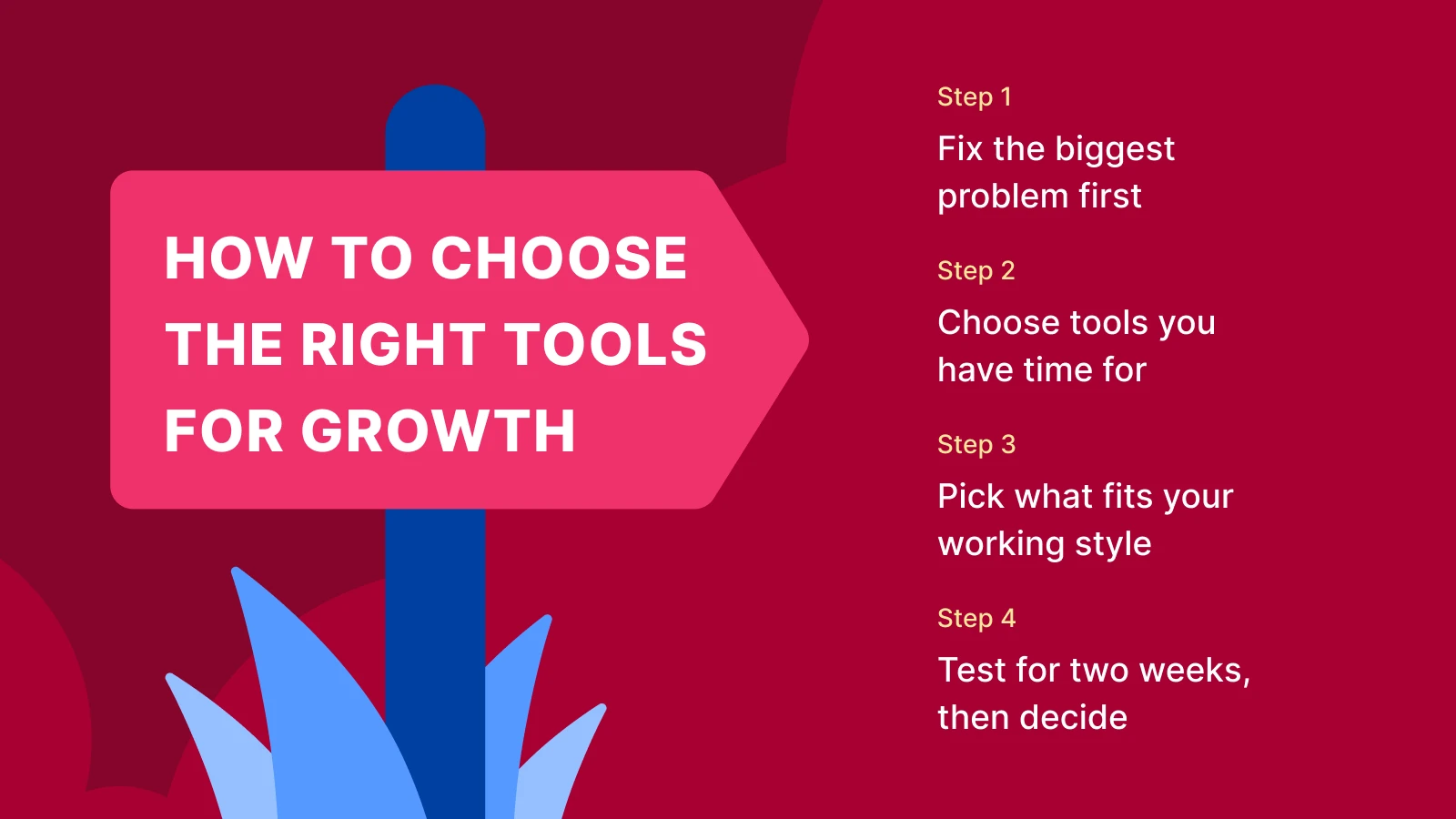 Personal growth guide with four-step process on burgundy background featuring geometric blue shapes and pink arrow banner