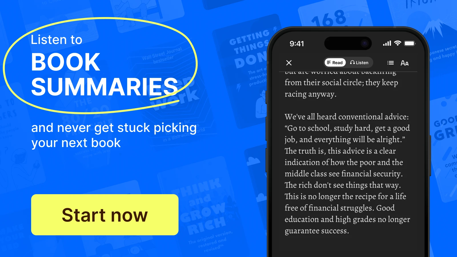 An iphone mockup with the text of book summary and book covers at the background