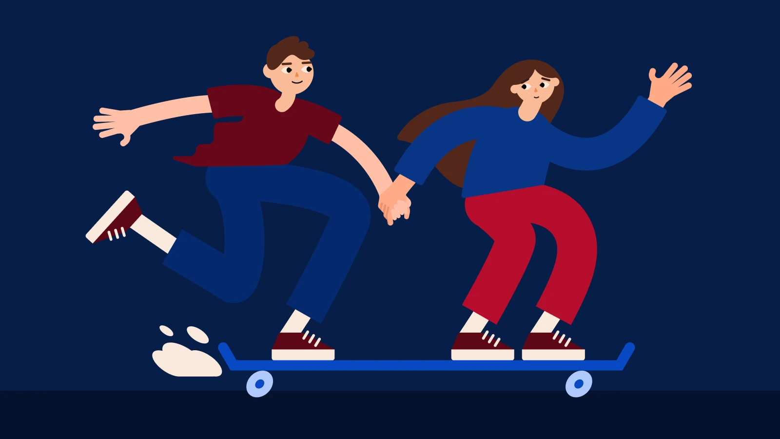 Two people riding skateboard together holding hands on dark blue background depicting high school friendship and connection