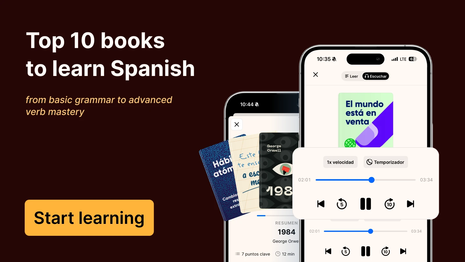 Smartphones with audiobook players displaying Spanish learning books and grammar resources for beginners on burgundy background