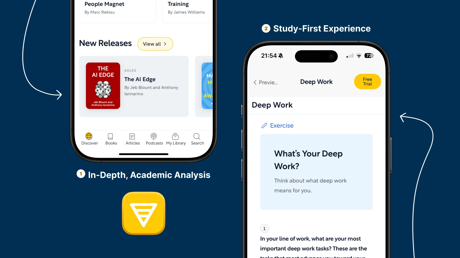 Shortform in-depth academic analysis feature showing New Releases section and study-first experience with Deep Work summary on bright orange background