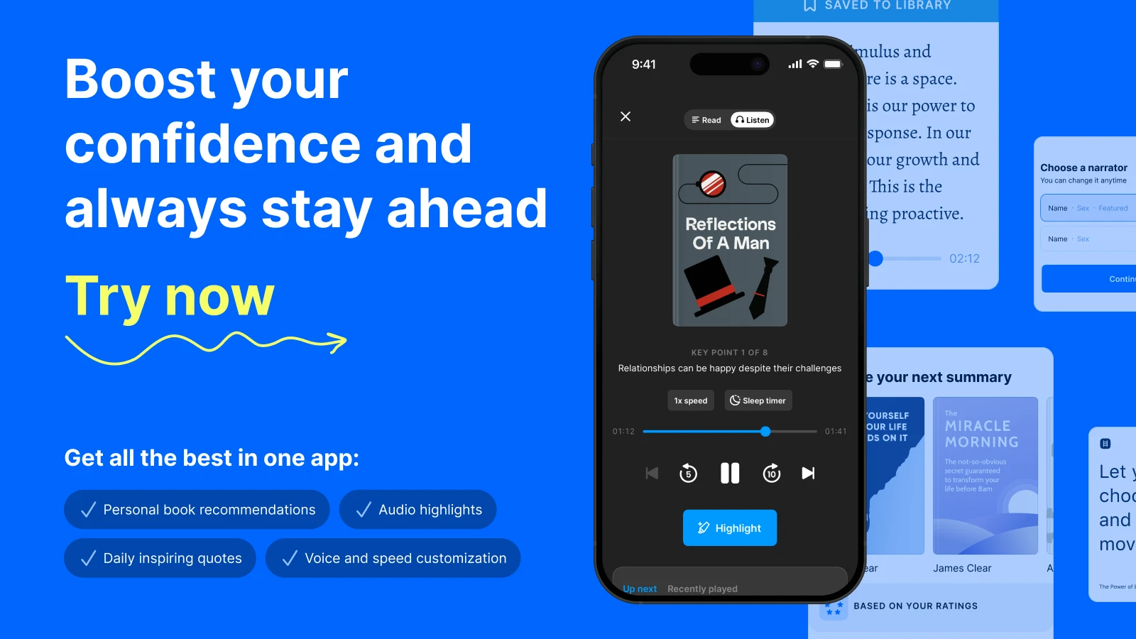 IPhone mockup with reflections of a man book summary and Headway app screenshots