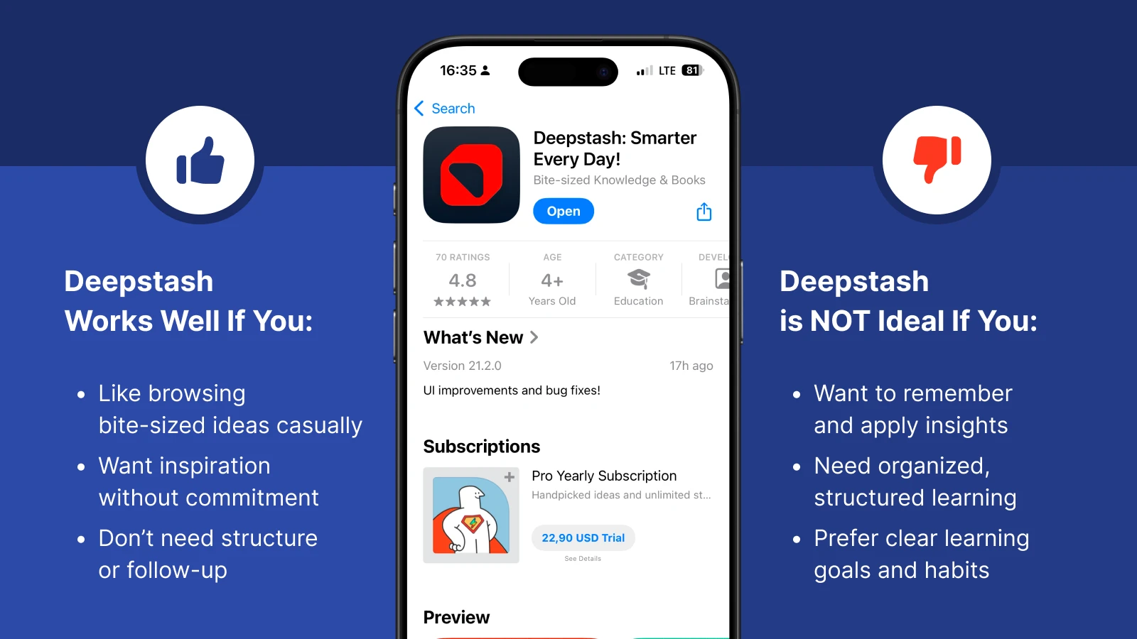 aBlue comparison graphic showing Deepstash app benefits with thumbs up and drawbacks with thumbs down alongside phone displaying app store page