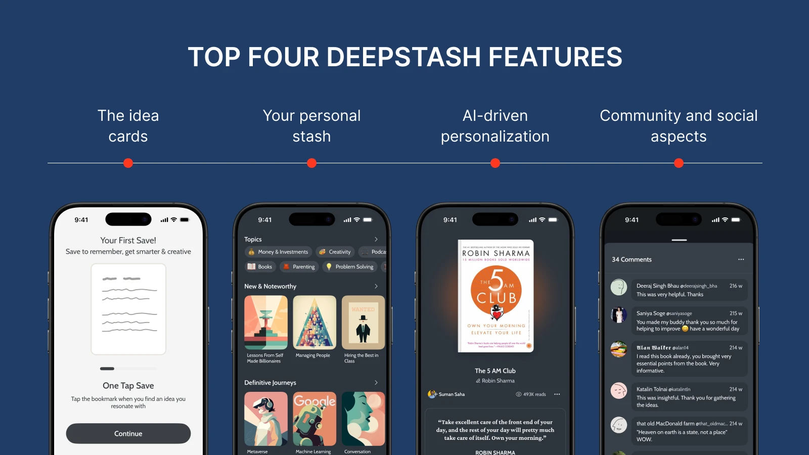 Four iPhone screens displaying top Deepstash app features including idea cards, personal stash, book summaries, and community aspects on navy background