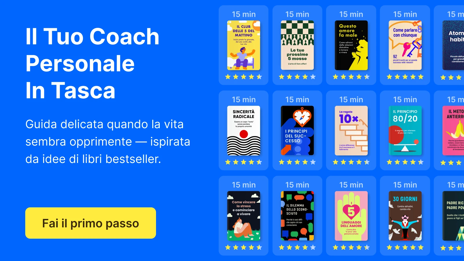 Interfaccia dell'app Headway con copertine di libri di crescita personale su sfondo blu e testo Il Tuo Coach Personale In Tasca