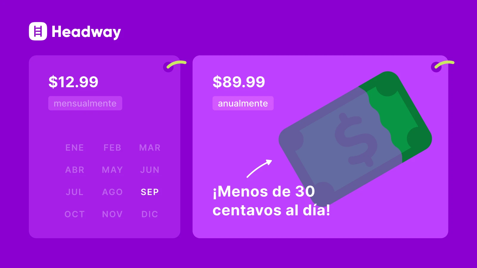 Página de precios Headway mostrando planes mensual y anual sobre fondo morado para suscribirse a resumen de libro