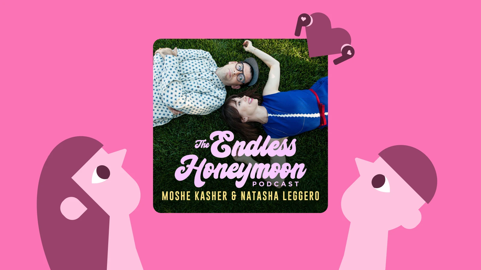 The Endless Honeymoon podcast cover with girl and boy looking at it, comedic relationship podcast for couples