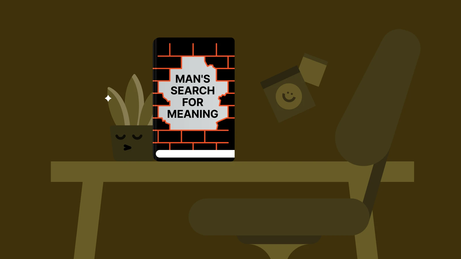 Man's Search for Meaning book cover on illustrated desk with chair and plant, a must-read short nonfiction book recommendation