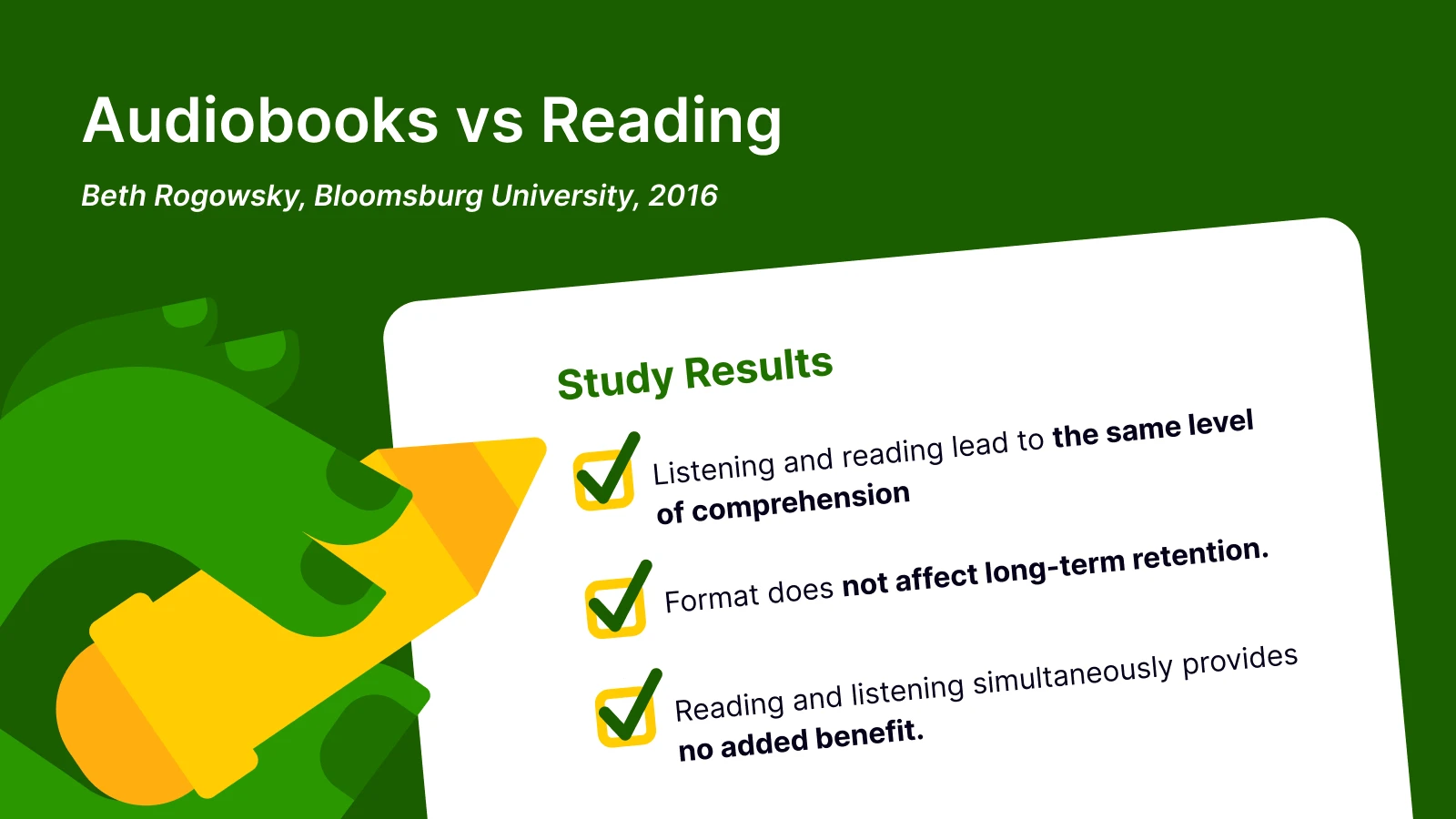 Study results infographic with yellow headphones on green background showing audiobooks count as reading like physical books for comprehension