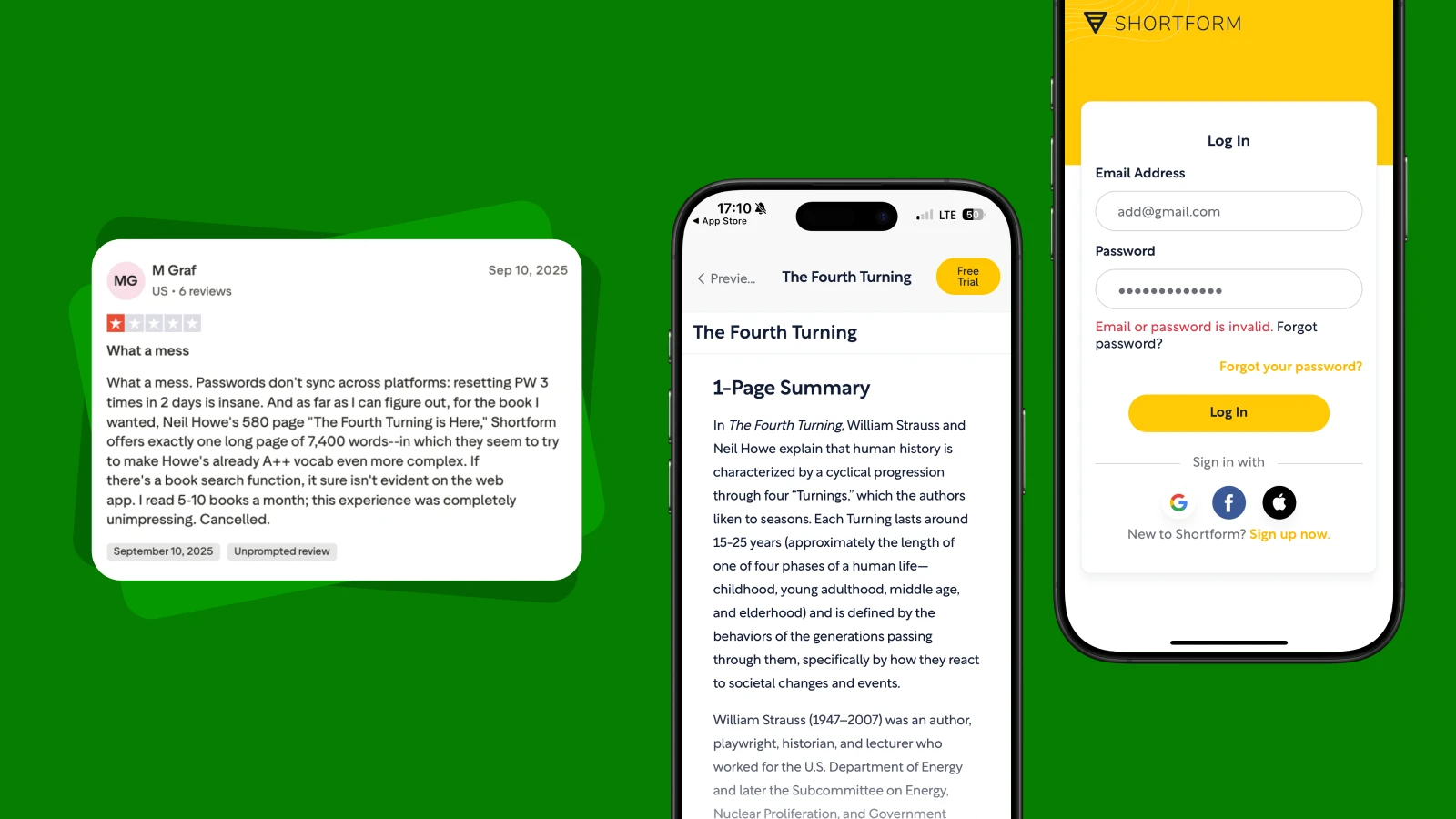 Shortform book summary app features displayed on mobile devices showing reading interface and login screen on green background 1x