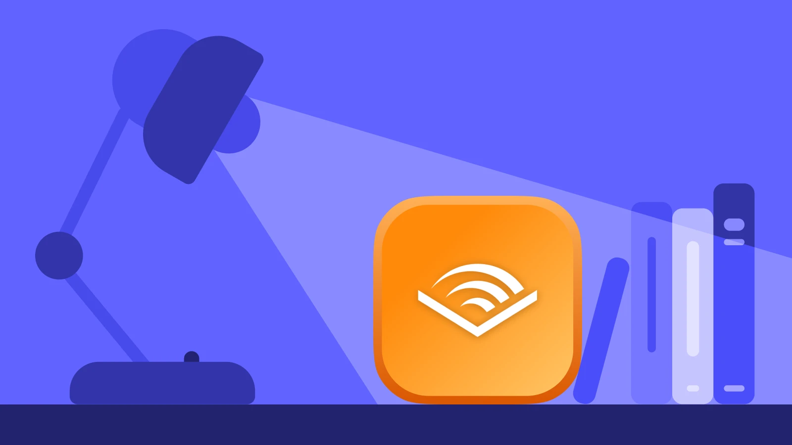 Audible audiobook app icon on purple background with reading lamp and books for best apps for book lovers