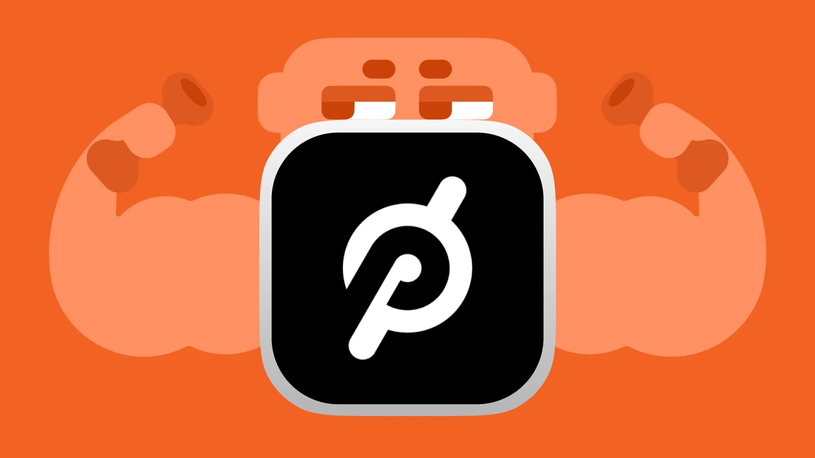 Peloton app logo displayed on a black square with muscular arms flexing in the orange background, representing a personal trainer workout app