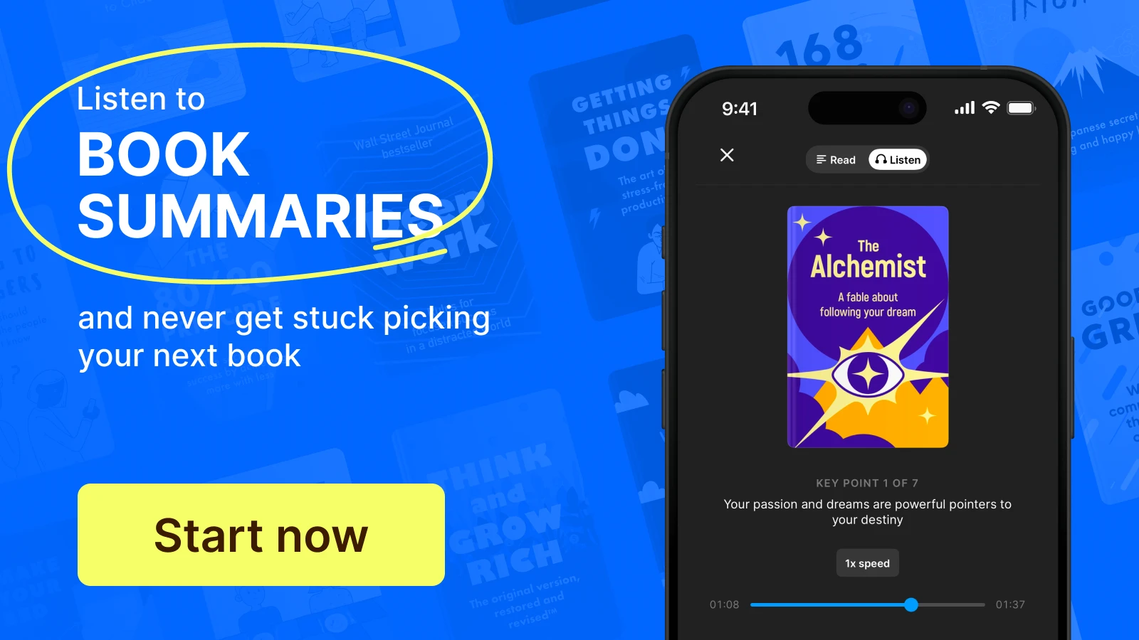 Iphone mockup with Alchemist book summary and book covers at the background