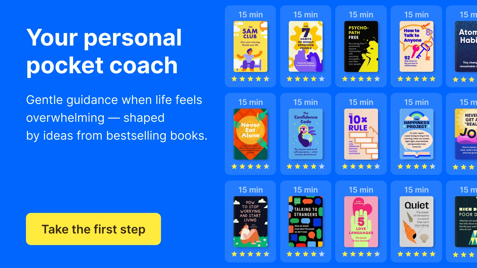Headway app promotional screen with blue background showing book summary covers, 15-minute reading labels, star ratings, and yellow call-to-action button