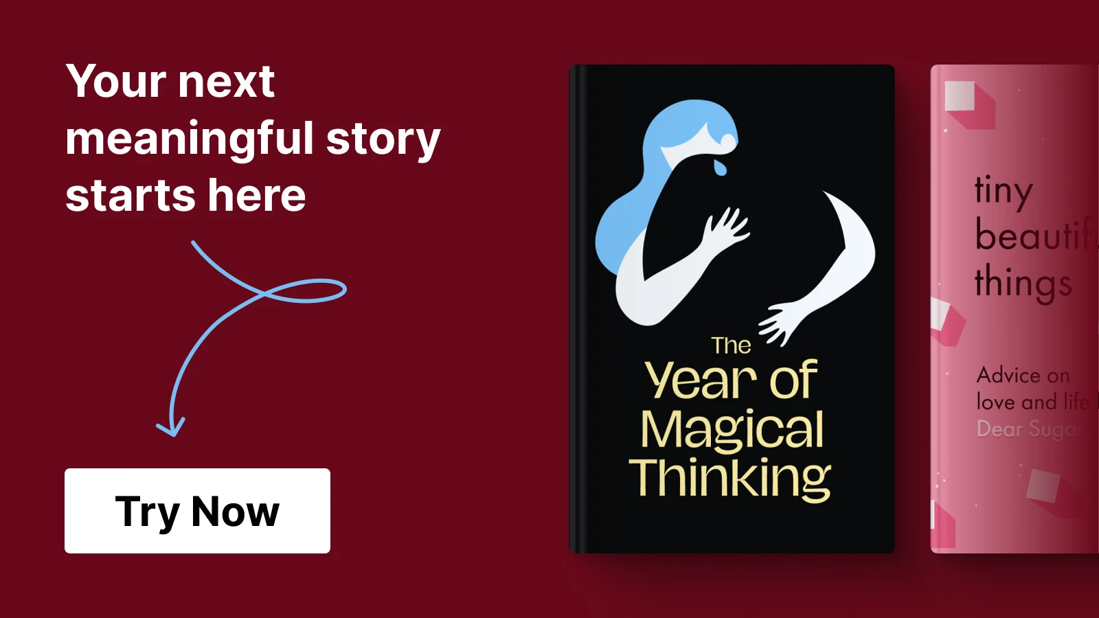 Headway app banner featuring The Year of Magical Thinking book cover on deep red background with Try Now button