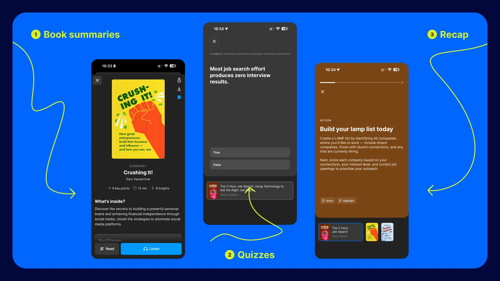 Headway app features learning flow with book summaries including Crushing It, quizzes, and recap sections on blue background