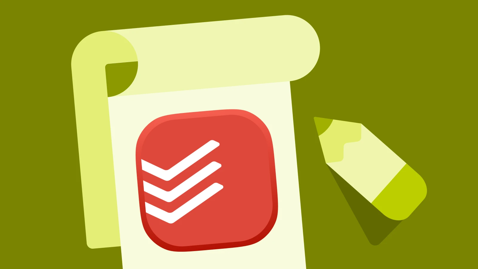 Illustrated notepad with blue todoist app icon and green crayon on a green background, showcasing task management apps for productivity