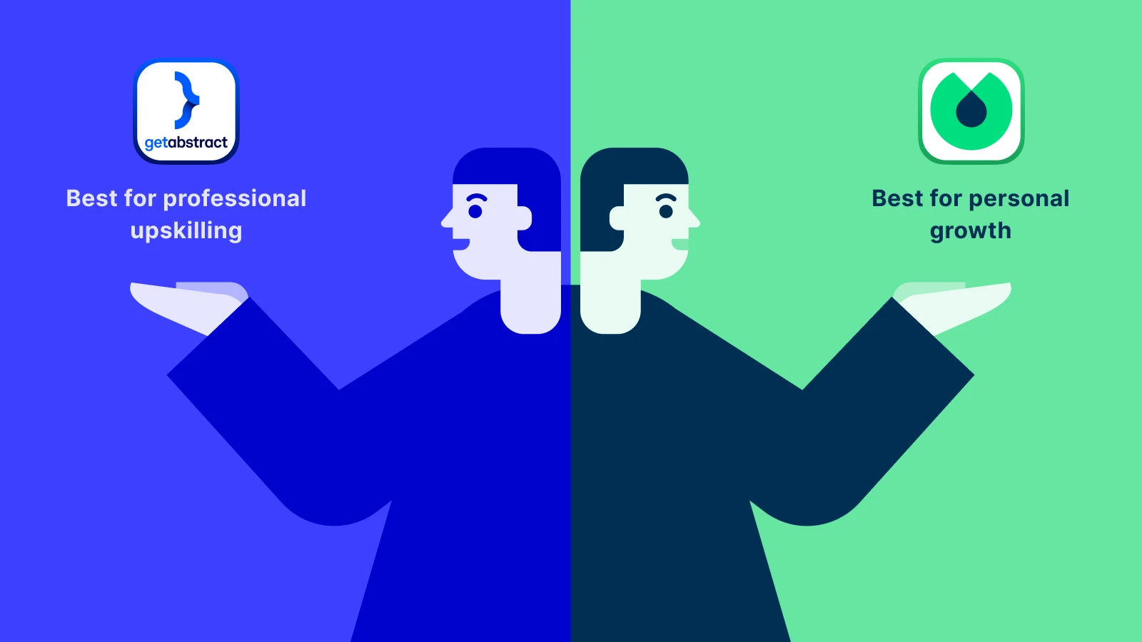 Split illustration comparing GetAbstract for professional upskilling and Blinkist for personal growth with blue and green backgrounds