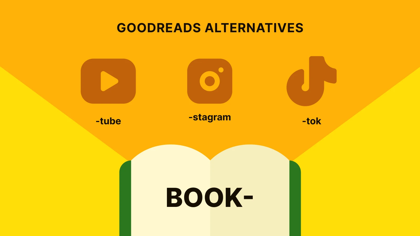 Goodreads alternatives graphic featuring YouTube, Instagram, TikTok icons with open book illustration on bright yellow background 1x