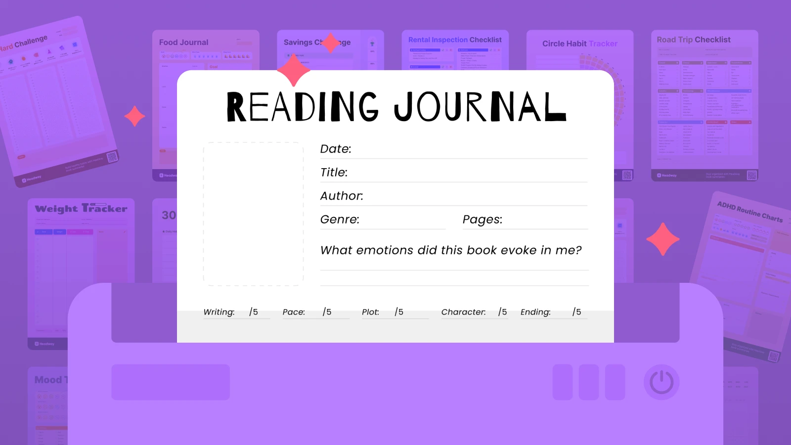 Reading journal printable template in the folder with papers on the background