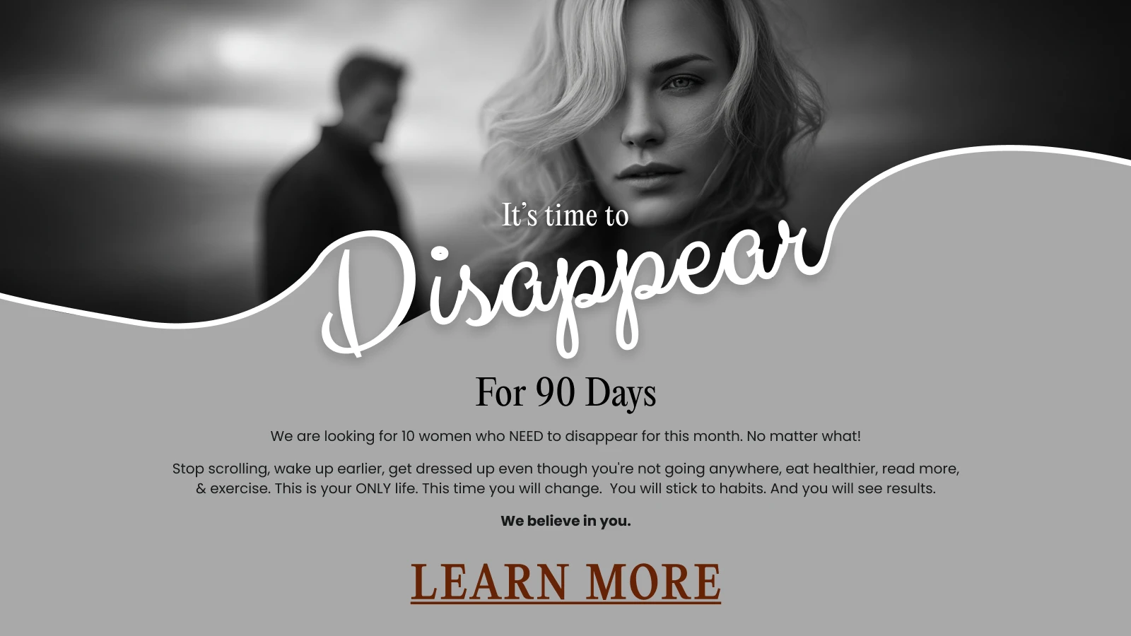 Woman looking contemplative in black and white with blurred figure behind promoting 90-day social media break program focused on mental health and lifestyle transformation