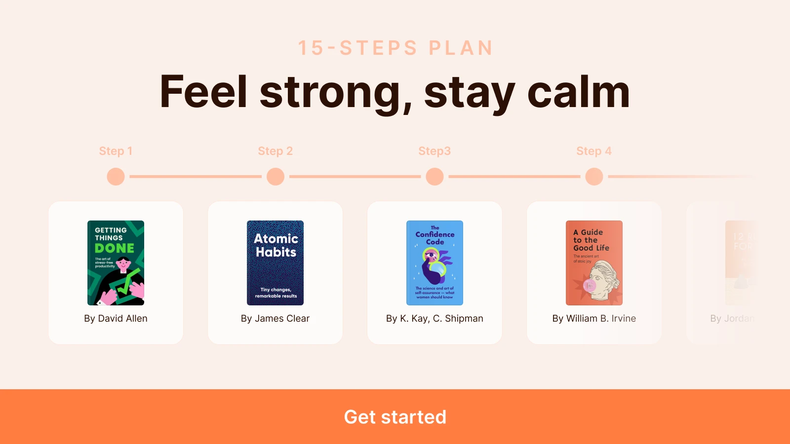 Headway app 15-step plan to feel strong and stay calm featuring Getting Things Done, Atomic Habits, The Confidence Code, and A Guide to the Good Life on beige background.webp