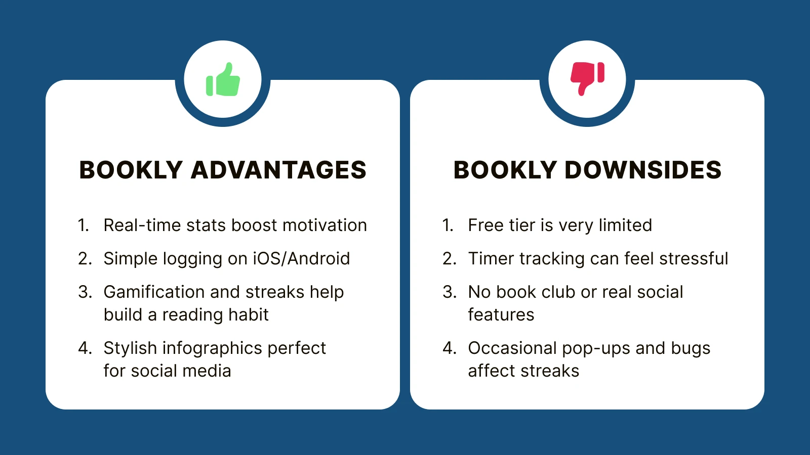 Bookly pros and cons comparison chart on a blue background_