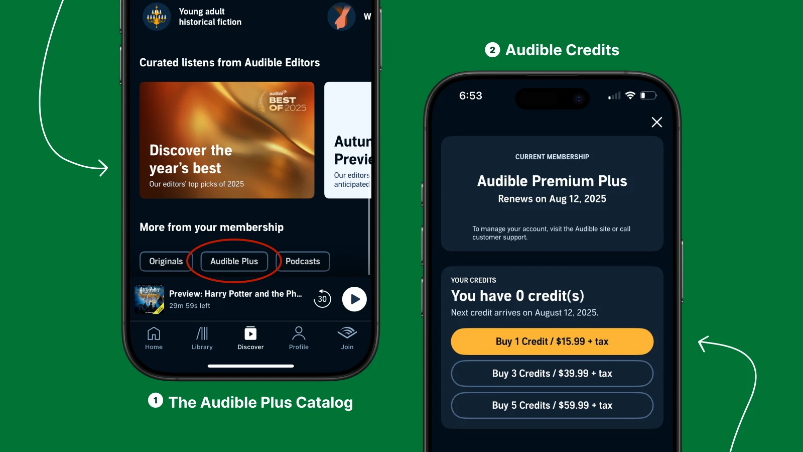 Two smartphone screens showing Audible Plus Catalog with curated audiobooks and Audible credits purchase options on green background