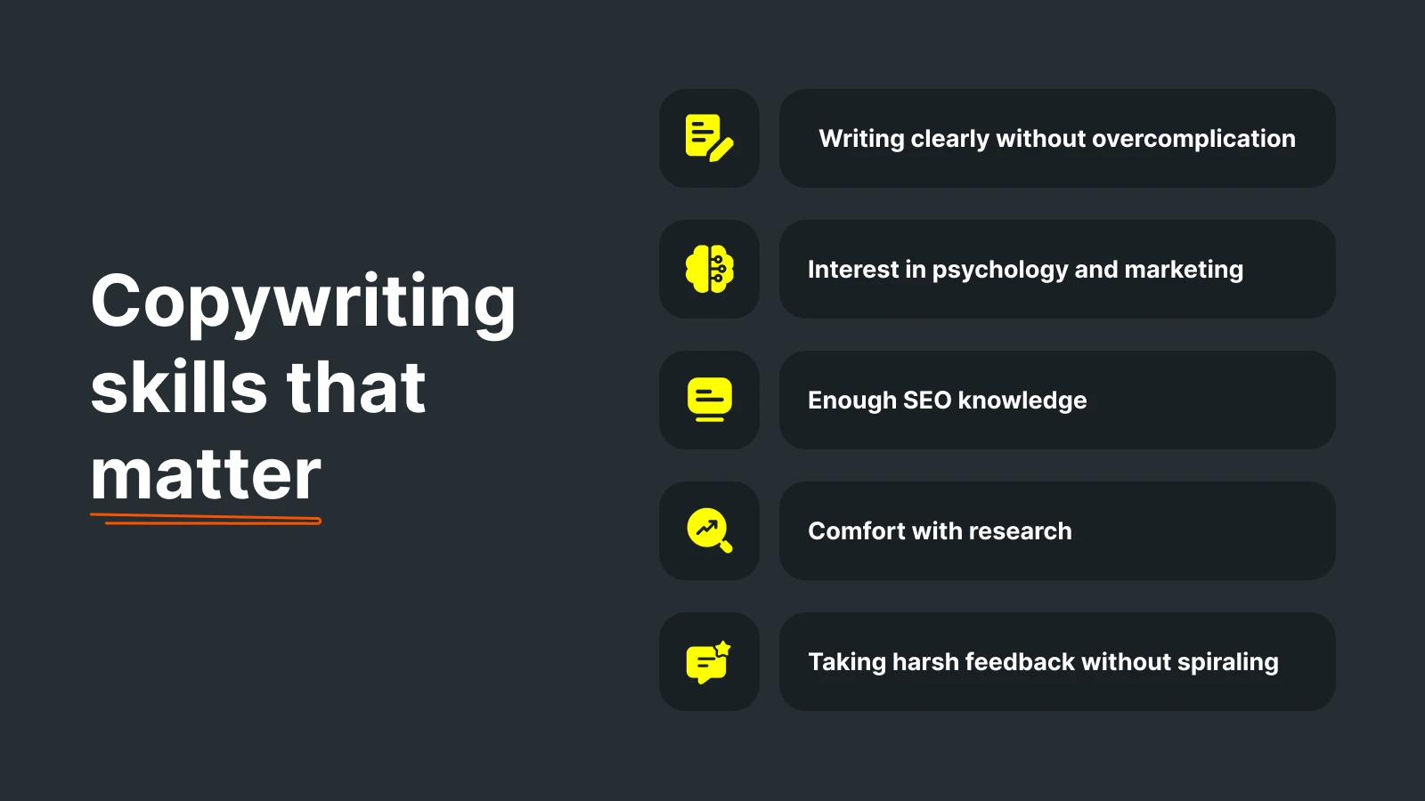 Copywriting skills that matter list on dark background featuring content marketing abilities and professional requirements