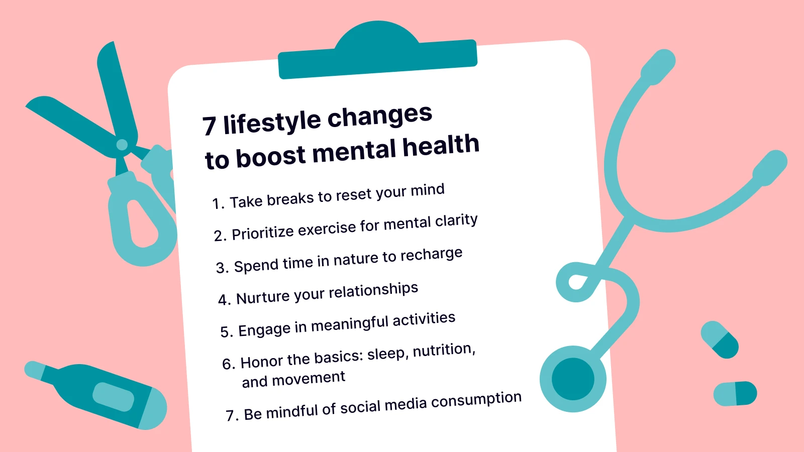 Seven lifestyle changes checklist card on pink background with blue stethoscope decoration to boost mental health