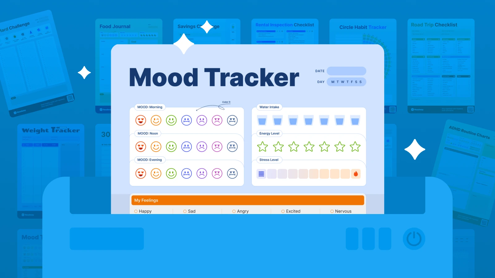A free printable mood tracker in the folder with papers on the background