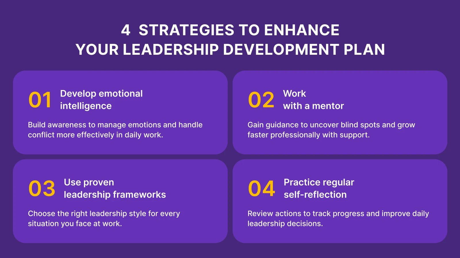 _Four strategies to enhance leadership development plan including mentorship and self-reflection on purple gradient background