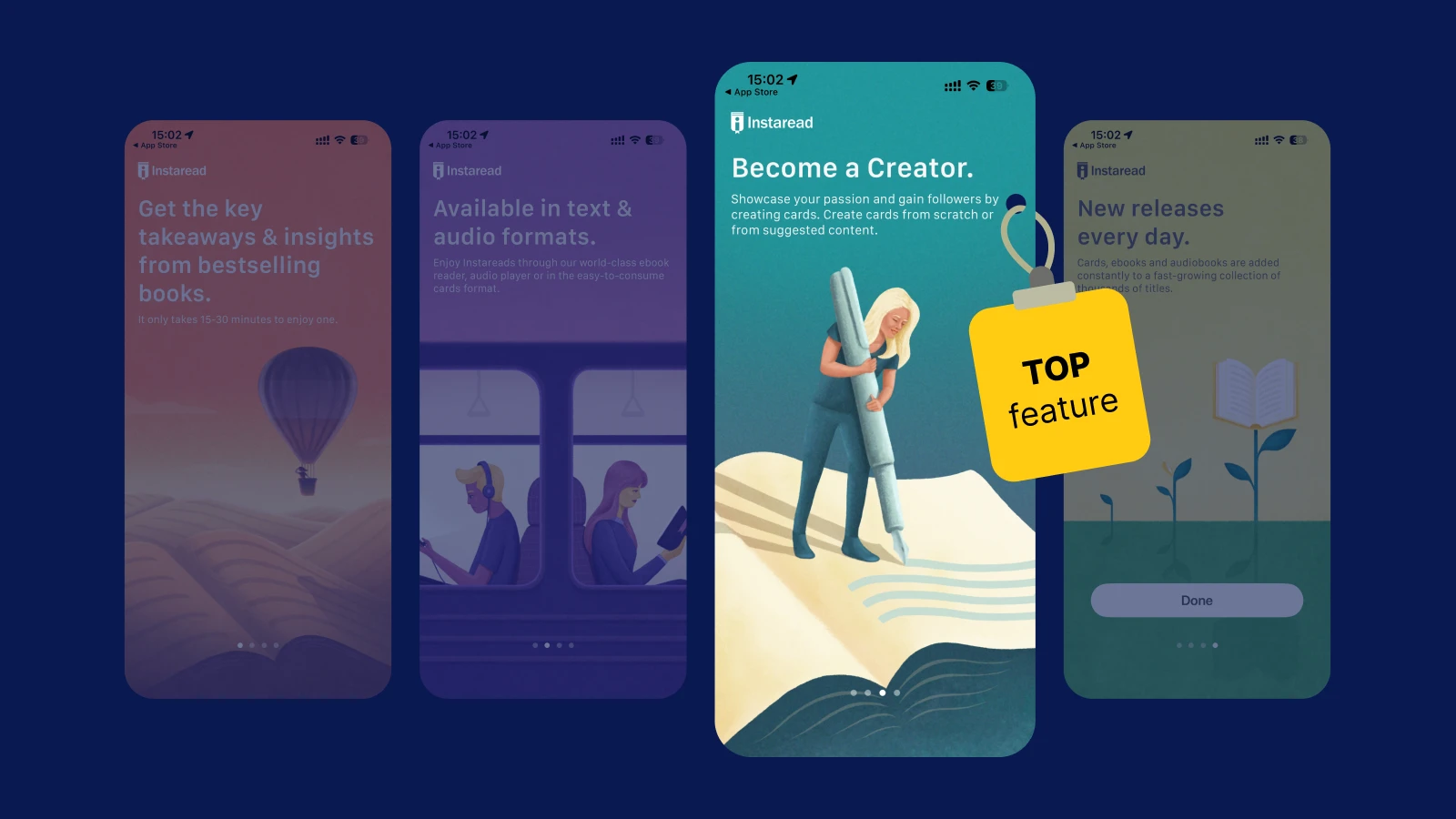 Instaread app screens on dark blue background featuring creator interface with highlighted phone mockup and TOP feature label