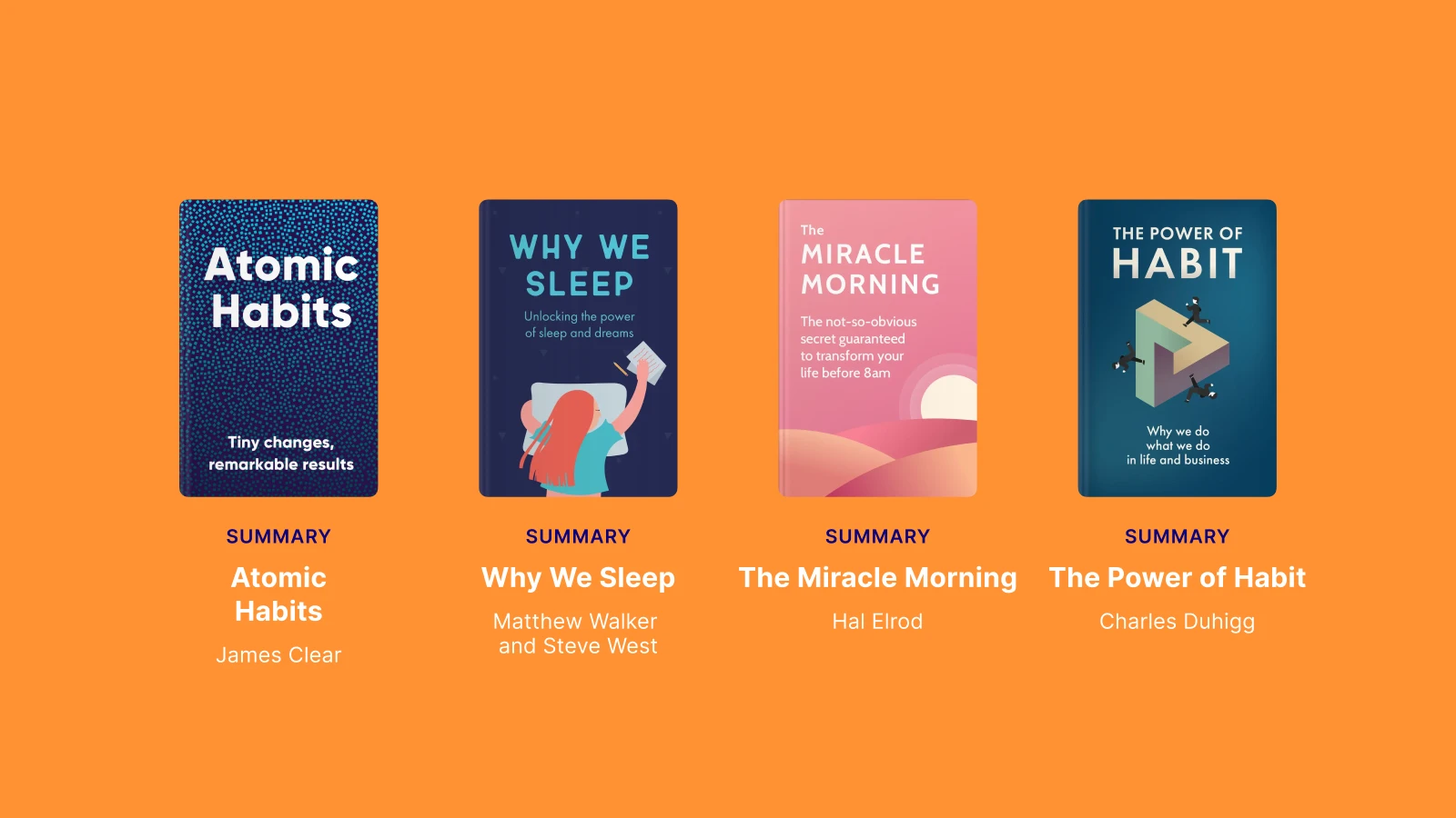 Row of book covers including Atomic Habits, Why We Sleep, The Miracle Morning, and The Power of Habit, recommended for Andrew Huberman’s morning routine
