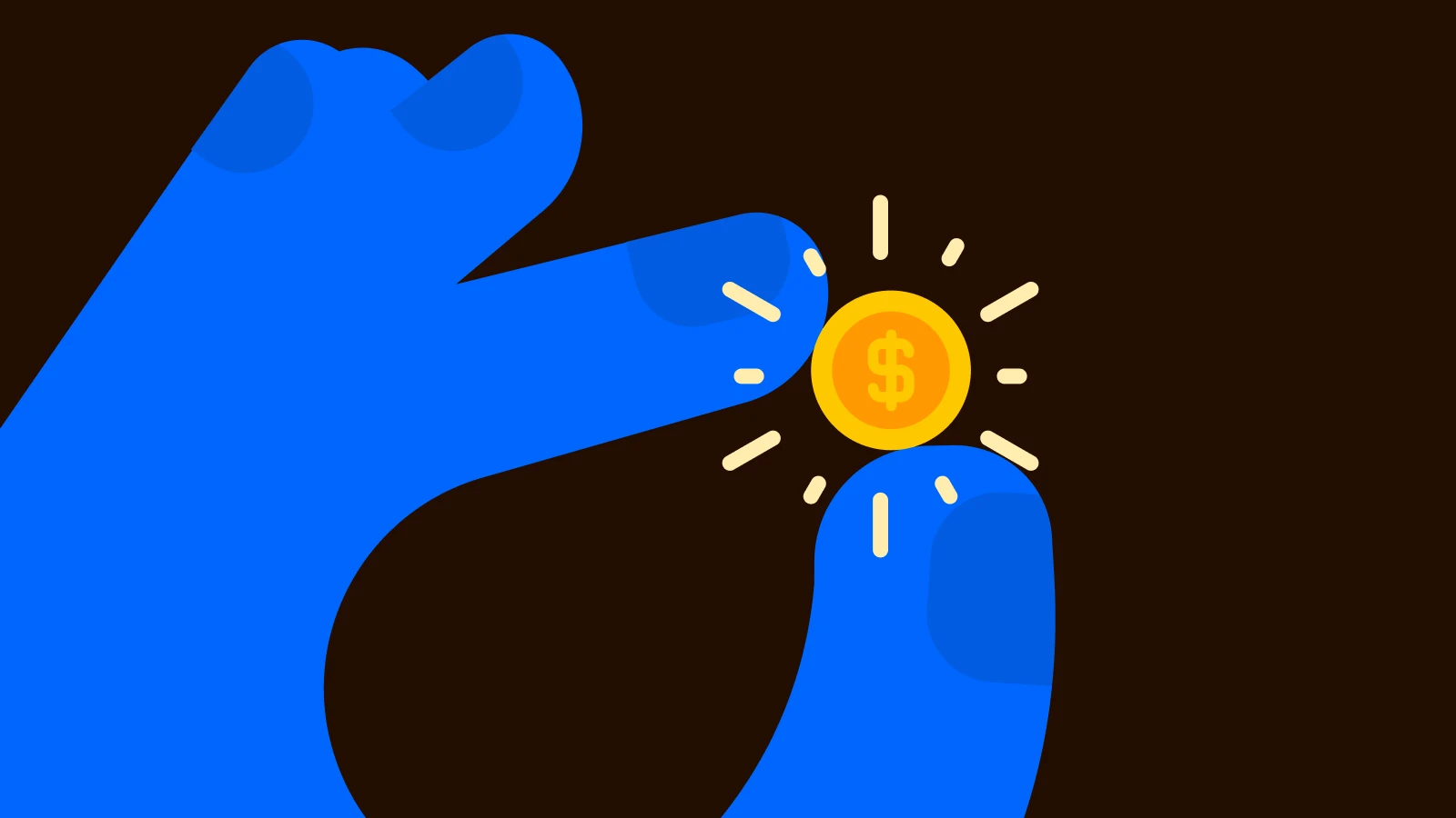 Pricing A cartoon hand holding a glowing coin with a dollar sign, symbolizing pricing