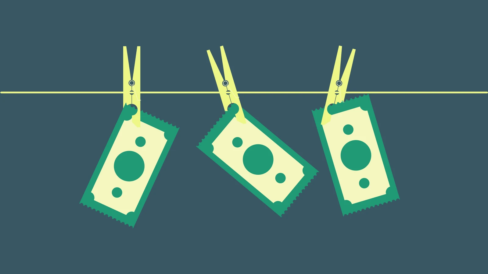 Three stylized dollar bills hanging on yellow clothesline with clothespins against dark teal grid background
