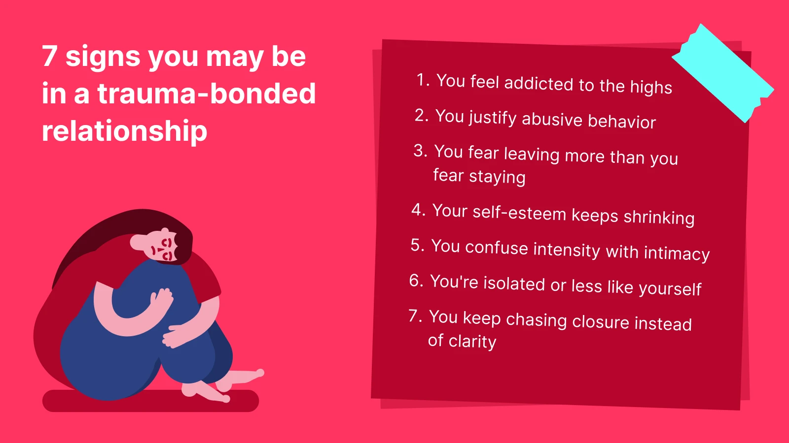 Distressed person in blue hugging knees beside list of seven trauma bond signs on pink background illustrating codependency and mental health