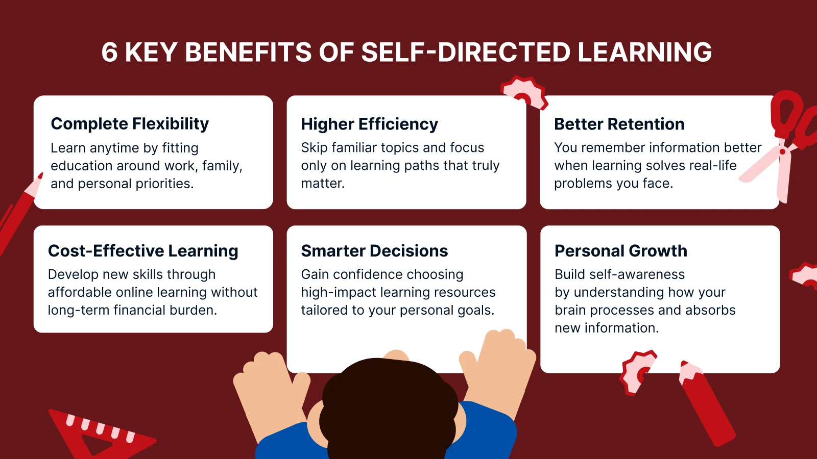 Red infographic illustrating six key benefits of self-directed learning with white text boxes and learner viewed from behind