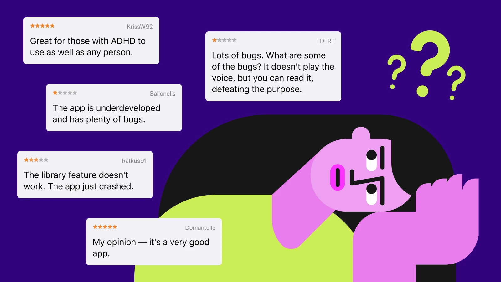 Book summary app user reviews displayed on cards with pink illustrated character and green question marks on purple background
