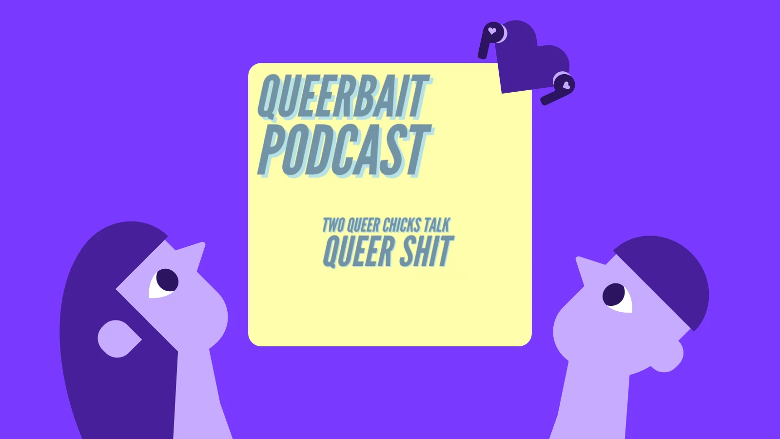 Queerbait Podcast cover with girl and boy looking at it on purple background, LGBTQ+ relationship podcast with queer voices