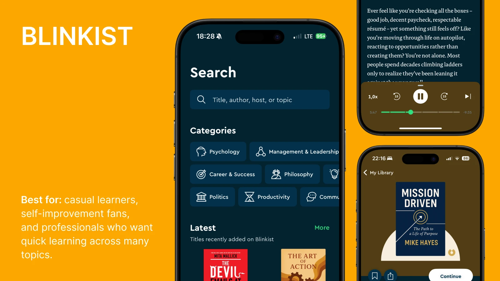 Blinkist app search screen showing categories for non-fiction books and audio summaries on dark interface with orange accent sidebar