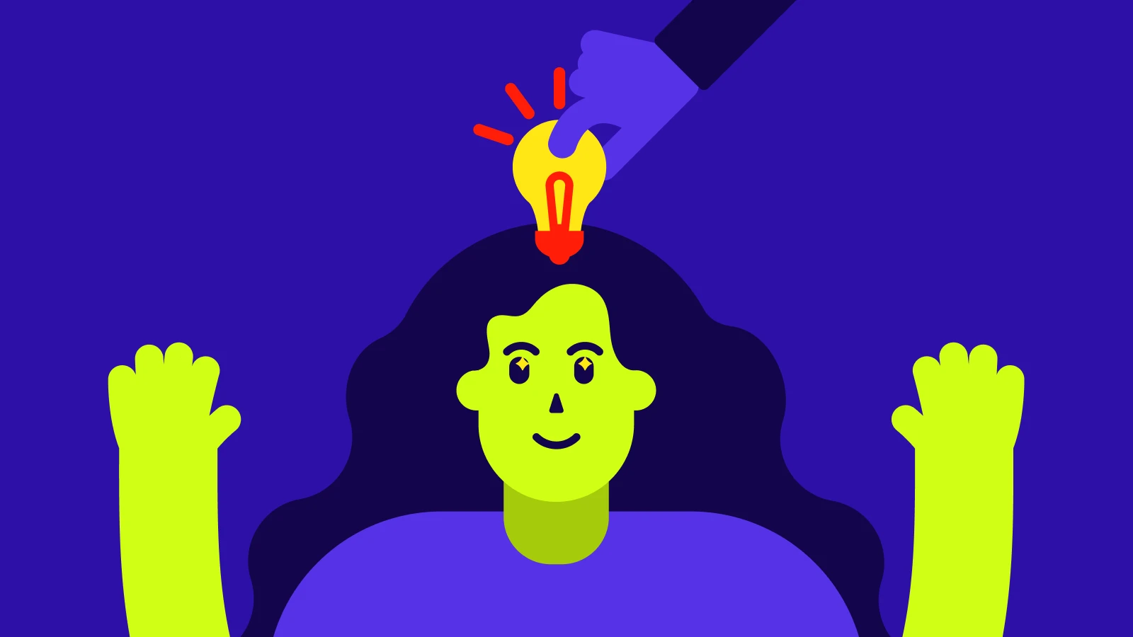 A smiling girl with a hand holding a bulb above her head illustrating books to increase intelligence 1x