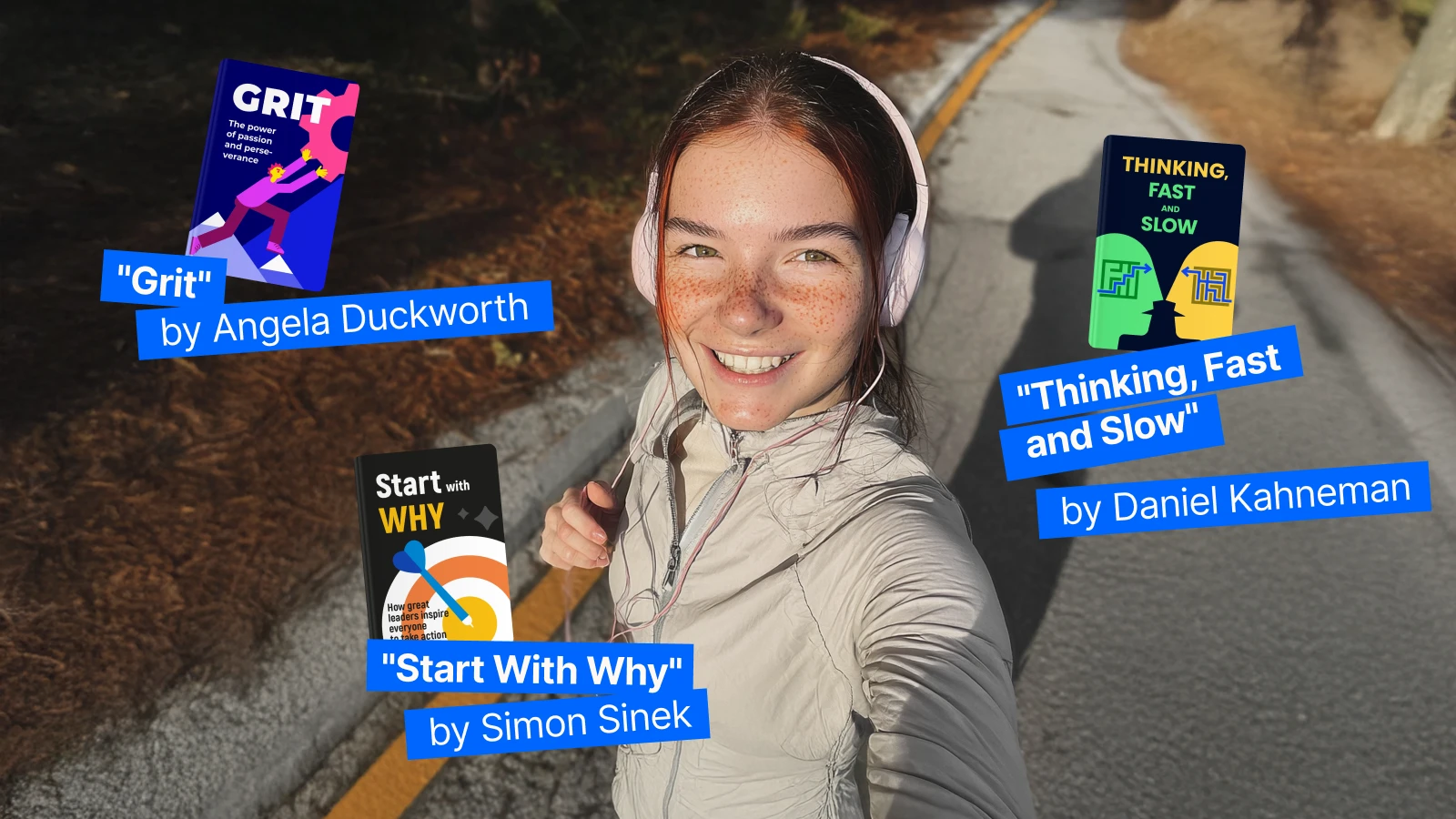 Smiling woman in workout gear with headphones takes a selfie on a road, surrounded by floating book covers for Grow Every Day microlearning
