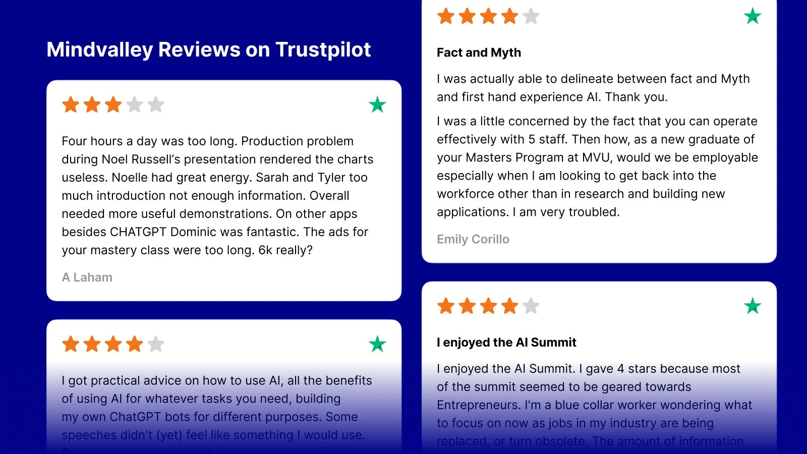 Mindvalley reviews on Trustpilot showing user feedback on dark blue and white cards with star ratings discussing masterclasses and pricing experiences