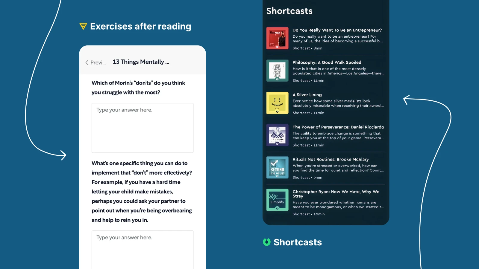 Shortform Exercises after reading screenshot and blinkist shorcuts representing features of book sumary apps