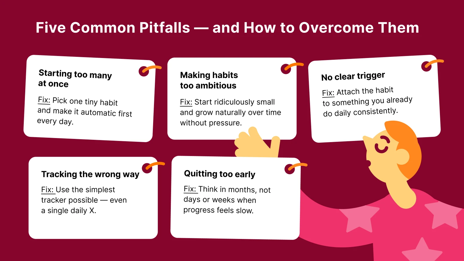 Five common small habits pitfalls with solutions displayed on white cards beside cheerful character on pink background