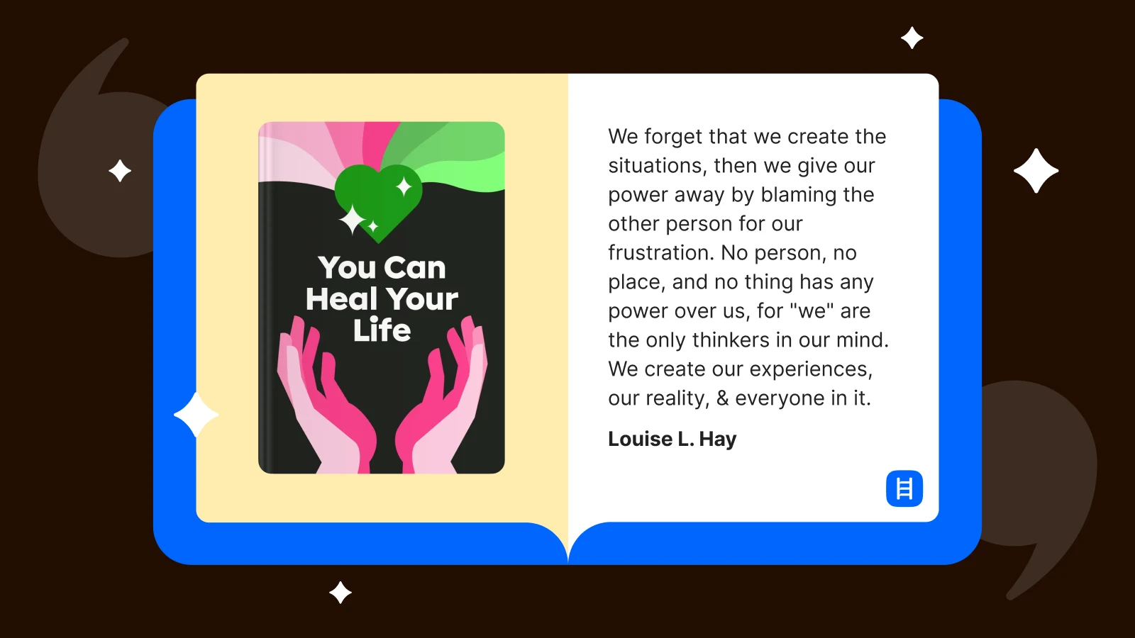 Book summary app, An opened book with quote from You can heal your life by Louise LHay