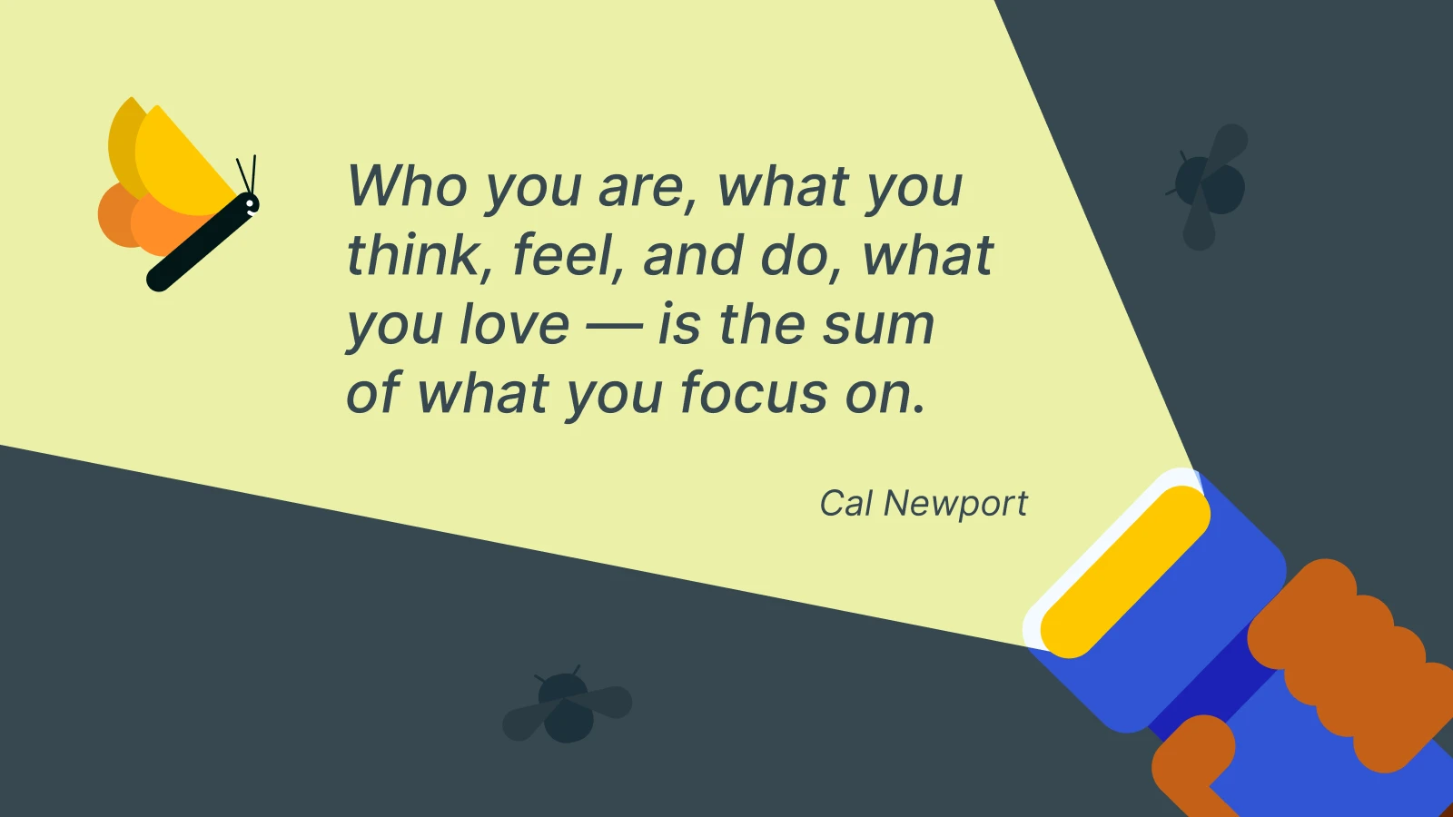 Cal Newport quote about focus with yellow highlighter icon on light green background featuring dark geometric design elements