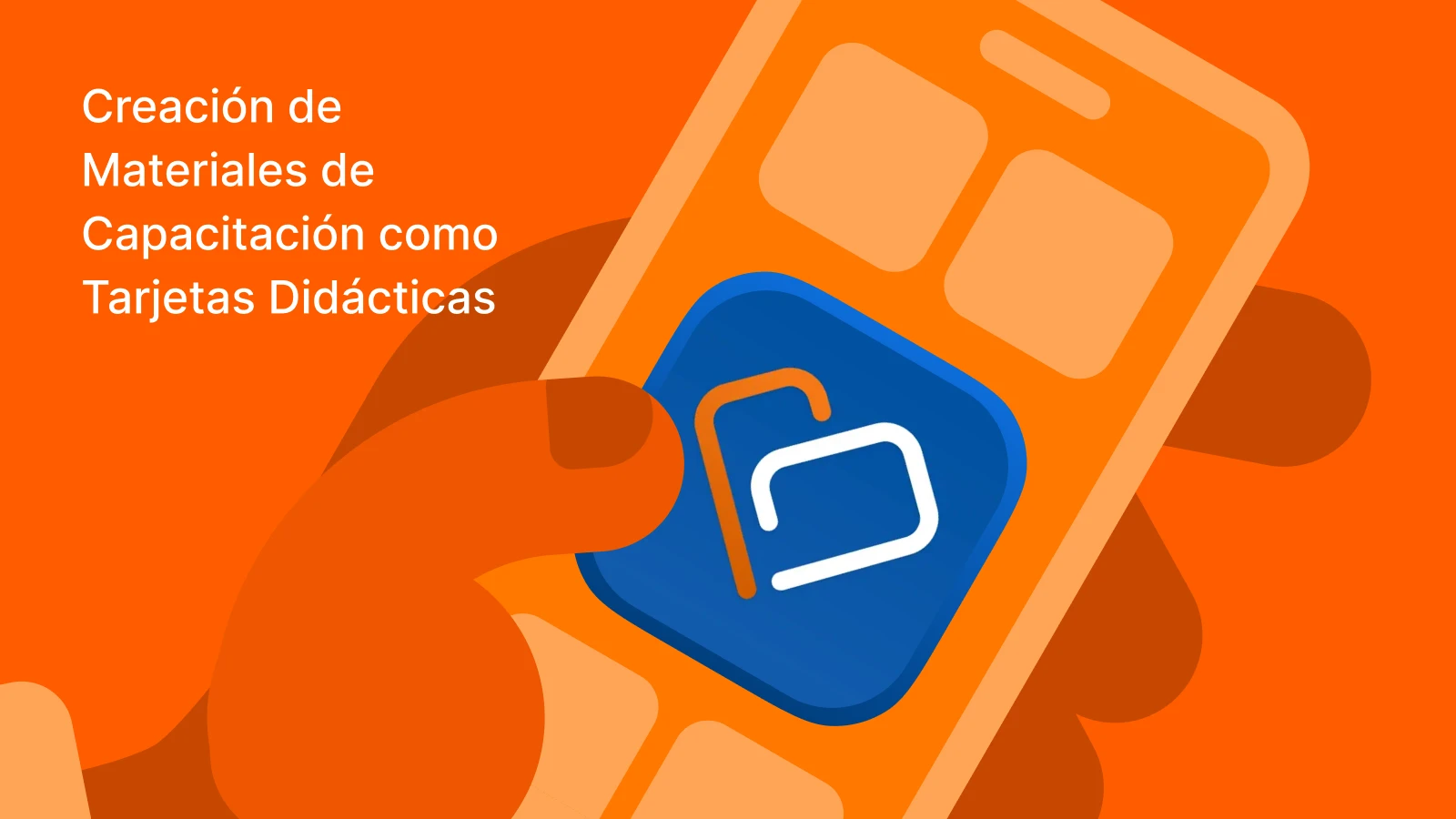 Teléfono inteligente inclinado con la aplicación TalentCards y un ícono de carpeta azul sobre un degradado naranja brillante para tarjetas de entrenamiento