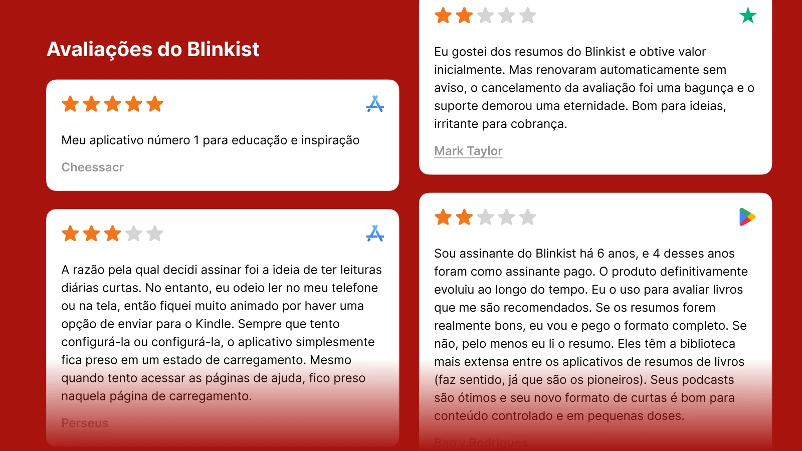 Seção de avaliações do Blinkist exibindo depoimentos de clientes com classificações por estrelas em fundo vermelho